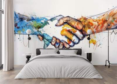 Two hands painted in watercolor shake in agreement, symbolizing international cooperation and partnership, Draw a series of hands shaking, symbolizing international collaboration and partnerships Wall mural