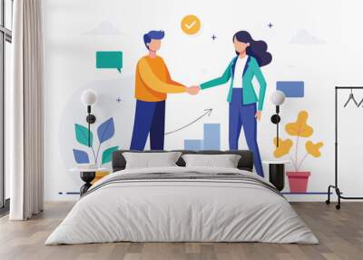 Two individuals engage in a handshake gesture with a city skyline in the background, Two people shaking hands on a diagram background, Simple and minimalist flat Vector Illustration Wall mural