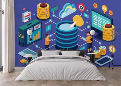 Two individuals engage in database management research, utilizing various digital tools and visual analytics in a collaborative workspace. Wall mural