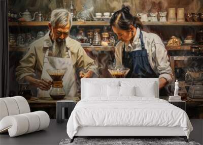 Two individuals seated at a table, engaged in conversation, in a bustling coffee shop, Reflect on the cultural significance of coffee rituals in different parts of the world through your art Wall mural