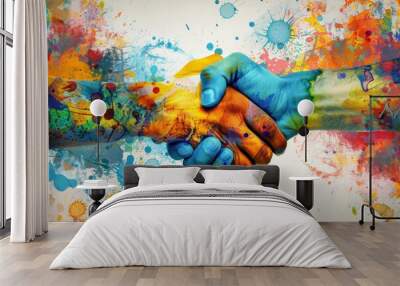 Two individuals shaking hands covered in vibrant paint splatters, Explore potential collaborations or partnerships for expanding reach and market presence Wall mural