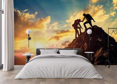 Two individuals vigorously climbing up a majestic mountain as the sun sets, Two friends conquering a mountain together with one helping the other, AI Generated Wall mural