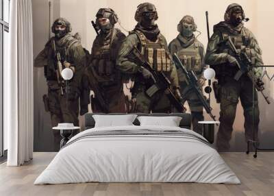 United States Marine Special Forces soldiers in uniform with assault rifle and assault rifle, Special Forces Military Unit in Full Tactical Gear, AI Generated Wall mural