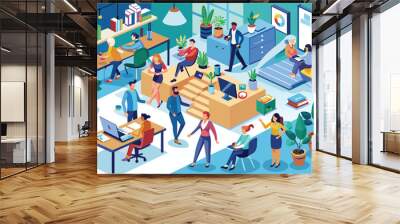 Various professionals interact in a vibrant office space, collaborating, brainstorming, and engaging in creative tasks with plants and modern furniture around them Wall mural