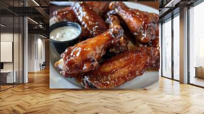 White plate with wings covered in sweet sauce, A plate of sticky, sweet honey glazed chicken wings served with a side of ranch dressing Wall mural