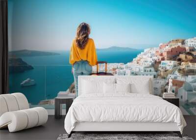 Young woman with orange travel suitcase on Santorini island in Greece, Happy moment with young woman rear view tourist as orange the luggage in Santorini island,Greece, AI Generated Wall mural