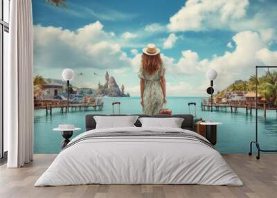 Young woman with suitcase at luxury resort. Travel and vacation concept, rear view of Happy travel woman on vacation concept, AI Generated Wall mural