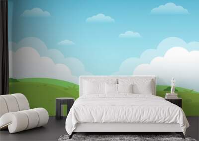 Flat natural green field landscape view and blue sky background illustration Wall mural