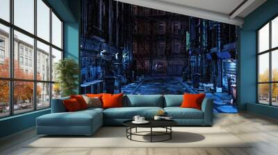 3D illustration of a dark seedy futuristic urban back street alley at night in the rain. Cyberpunk concept. Wall mural