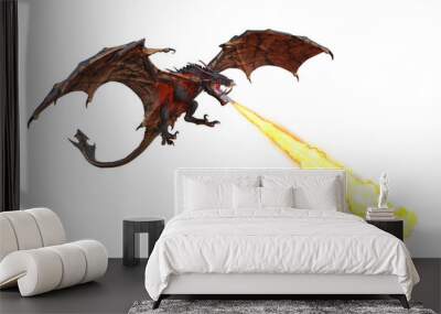 3D illustration of a flying green dragon or wyvern breathing fire downwards isolated on transparent background. Wall mural