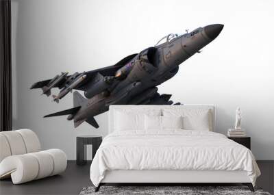 3D illustration of a grey military jet fighter aircraft armed with missiles in flight isolated on a white background. Wall mural