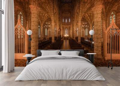 3D rendering view along the aisle towards the alter of a large old medieval cathedral. Wall mural