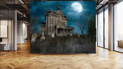 An old abandoned Victorian mansion house with tomb stones in the garden under a moonlit sky at night. 3D rendering. Wall mural