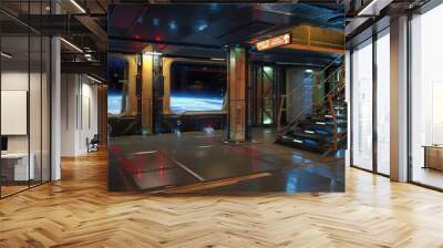 Cinematic 3D rendering of science fiction spaceship interior with staircase to upper deck and window view of planet surface. Wall mural