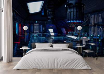 Dark atmospheric futuristic science fiction alien technology lab room in a space ship or station. 3D rendering. Wall mural