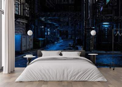 Dark seedy backstreet in a fantasy future cyberpunk city with moody blue tones. 3D illustration. Wall mural