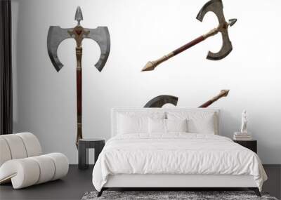 Double headed medieval battle axe. Isolated 3d illustration with 3 angles. Wall mural