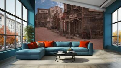 Empty old wild west town street with timber merchant, undertaker, general store and hardeware supplies businesses. 3D rendering. Wall mural