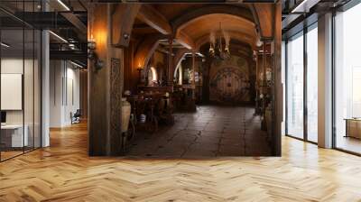 Entrance hallway of a small cosy fantasy halfling house with wooden furniture, beams, round windows and door. 3D rendering. Wall mural