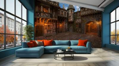 Fantasy medieval town courtyard with cobblestone street, lit by lanterns at dusk. 3D rendering. Wall mural