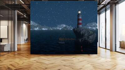 Lighthouse on a rock island at night with snow covered mountains in the background and stars in the sky. 3D illustration. Wall mural