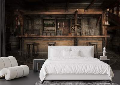 Medieval tavern bar with wooden stools on a stone floor, lit by daylight and hanging candles. 3D rendering. Wall mural