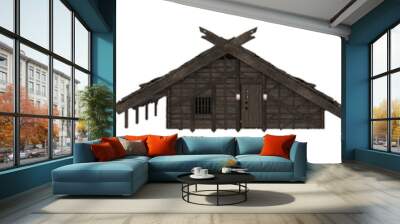 Medieval viking wooden buildings. Isolated 3D illustration with 3 views of the house. Wall mural