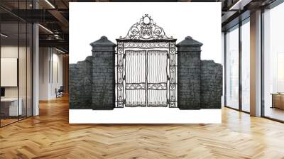 Old black iron closed gate in the middle of a grey stone wall. 3D illustration isolated on white. Wall mural