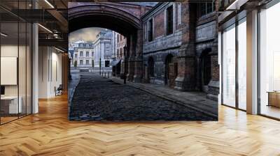 old victorian city street archway and cobblestones. steampunk concept urban panoramic 3d illustratio Wall mural