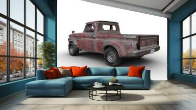 Rear corner view 3D rendering ofl a rusty old vintage red pickup truck isolated on white. Wall mural