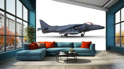 Side view 3D illustration of a grey jet fighter aircraft on the ground and armed with missiles isolated on a white background. Wall mural