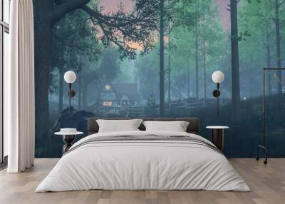 Spooky witch's house in a dark misty wood. Halloween concept 3D illustration. Wall mural