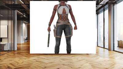 Tall attractive black woman standing in wild west style outfit with two holstered revolvers and a rifle in her hand. 3D rendering isolated. Wall mural