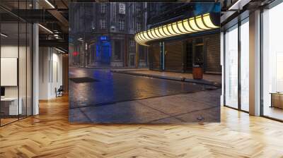 Wide cinematic view of a dark downtown street in a dystopian future cyberpunk city on a wet night. 3D illustration. Wall mural