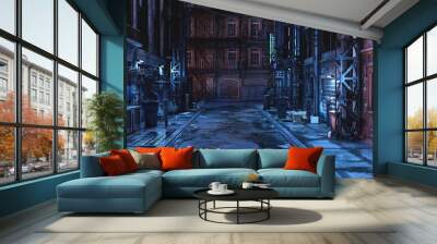 wide panoramic view of a dark futuristic cyberpunk city street at night. 3d illustration. Wall mural