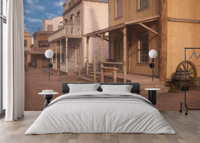 Wooden buildings in a dusty old wild west town street. 3D illustration. Wall mural