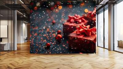 A black background showcases red party streamers, gift boxes, and confetti, forming a vibrant banner mockup for Black Friday, birthdays, Valentine's Day, or anniversaries. Wall mural