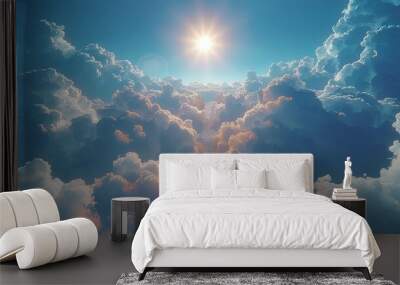 A celestial staircase ascends through ethereal clouds towards a radiant sky, symbolizing a journey to paradise. illustration images Wall mural