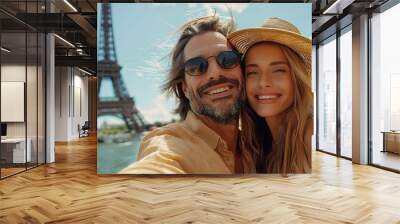 A couple of tourists takes a selfie in front of the Eiffel Tower in Paris, enjoying their summer vacation and travel experience. Wall mural