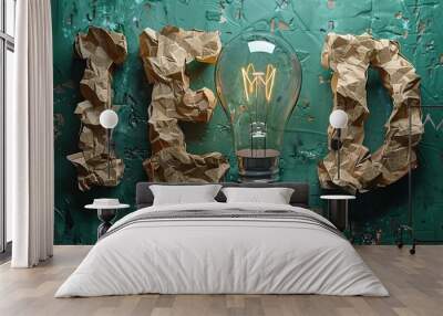 A creative concept image features the word 'idea' with a lightbulb made of paper pieces against a green background. Wall mural