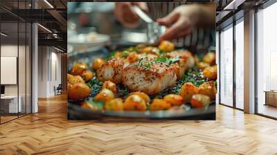 A gourmet dish is being prepared in a high-end restaurant kitchen, showcasing culinary skills and presentation. Wall mural