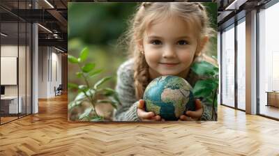 A little girl carefully holds a globe and a plant, symbolizing the importance of Earth Day and sustainability education. Wall mural