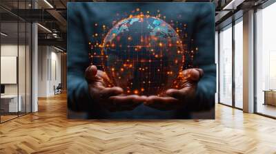 A man presents a virtual globe with digital marketing icons, linking network connections for a sustainable global business approach. Wall mural