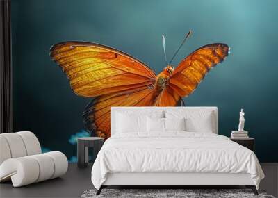 Beautiful orange glass butterfly fluttering in a studio against a serene blue background, symbolizing fragility. Wall mural