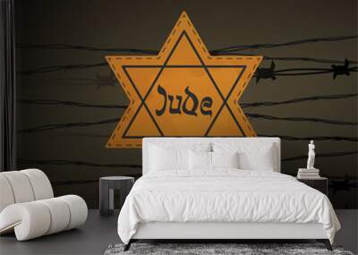 Jewish star with barbed wire and candles, International Holocaust Remembrance Day poster, January 27. World War II Remembrance Day. Wall mural