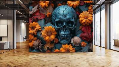 Scary Halloween decorations are displayed on a gravestone background from a top view perspective, perfect for a flat lay of the spooky season. Wall mural