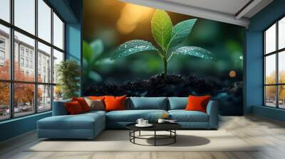 Sustainable energy solutions are managed through digital technology, aiming to reduce global warming and achieve climate change goals. Wall mural