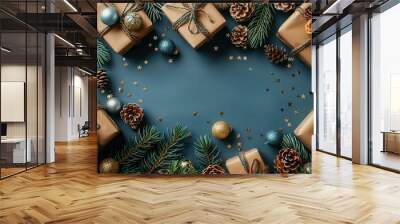 The elegant Christmas flat lay composition includes xmas gift boxes, fir branches, blue baubles, and decorations on a pastel blue background for a modern card and banner. Wall mural