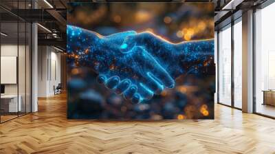 Two digital glowing hands, handshake. Technology, business, trust concept, blue and dark colors. Digital handshake. Wall mural