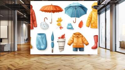 Vector graphics with autumn accessories: raincoat, umbrella, hat and boots in bright colors. Wall mural